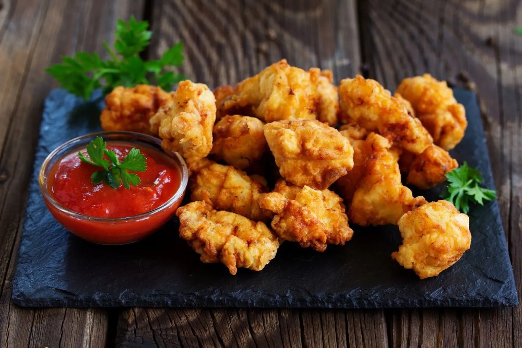 Battered chicken bites with a tomato dip